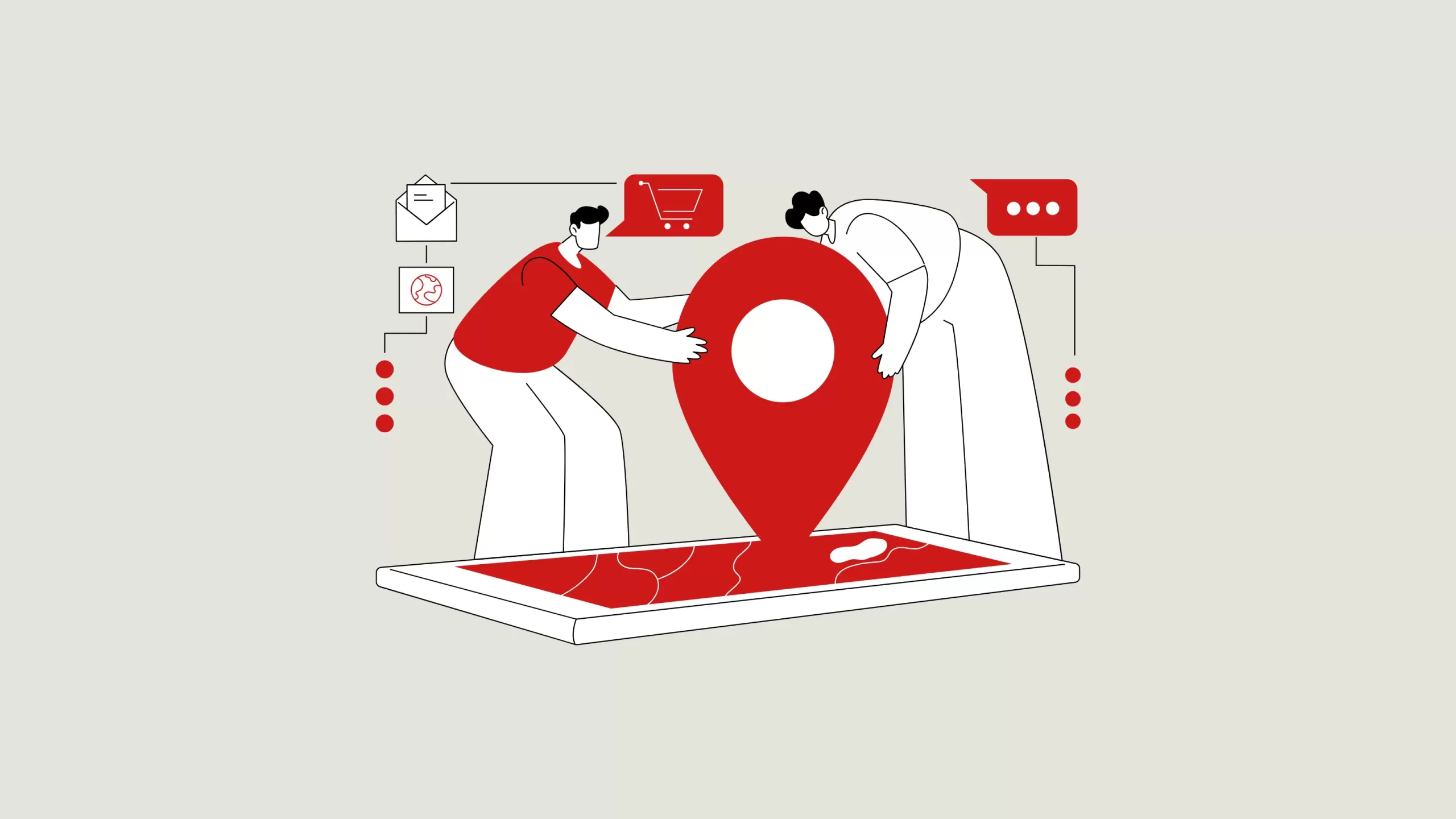 Illustration of two people placing a large location pin on a digital map, representing local SEO and business visibility.