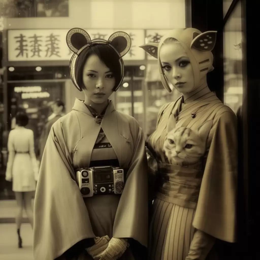 Two women in kimono-inspired outfits pose in a sepia-toned street scene in Neural Fad by Emi Kusano. Their futuristic headpieces resemble animal ears, and one carries a cat tucked into her obi. AI-generated, the series imagines alternate histories of fashion, exploring shifting ideals of beauty and style.