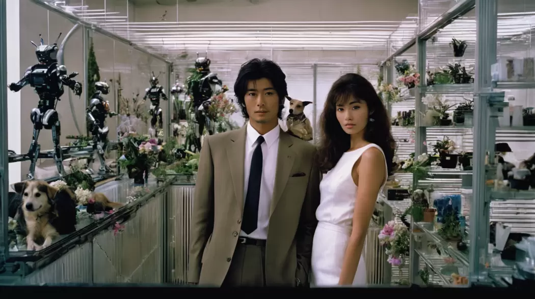 A man in a beige suit and a woman in a white dress stand in a futuristic greenhouse filled with plants, dogs, and humanoid robots in Technoanimism by Emi Kusano. The AI-generated scene explores the intersection of spirituality, nature, and technology, questioning how humanity reconciles tradition with progress.