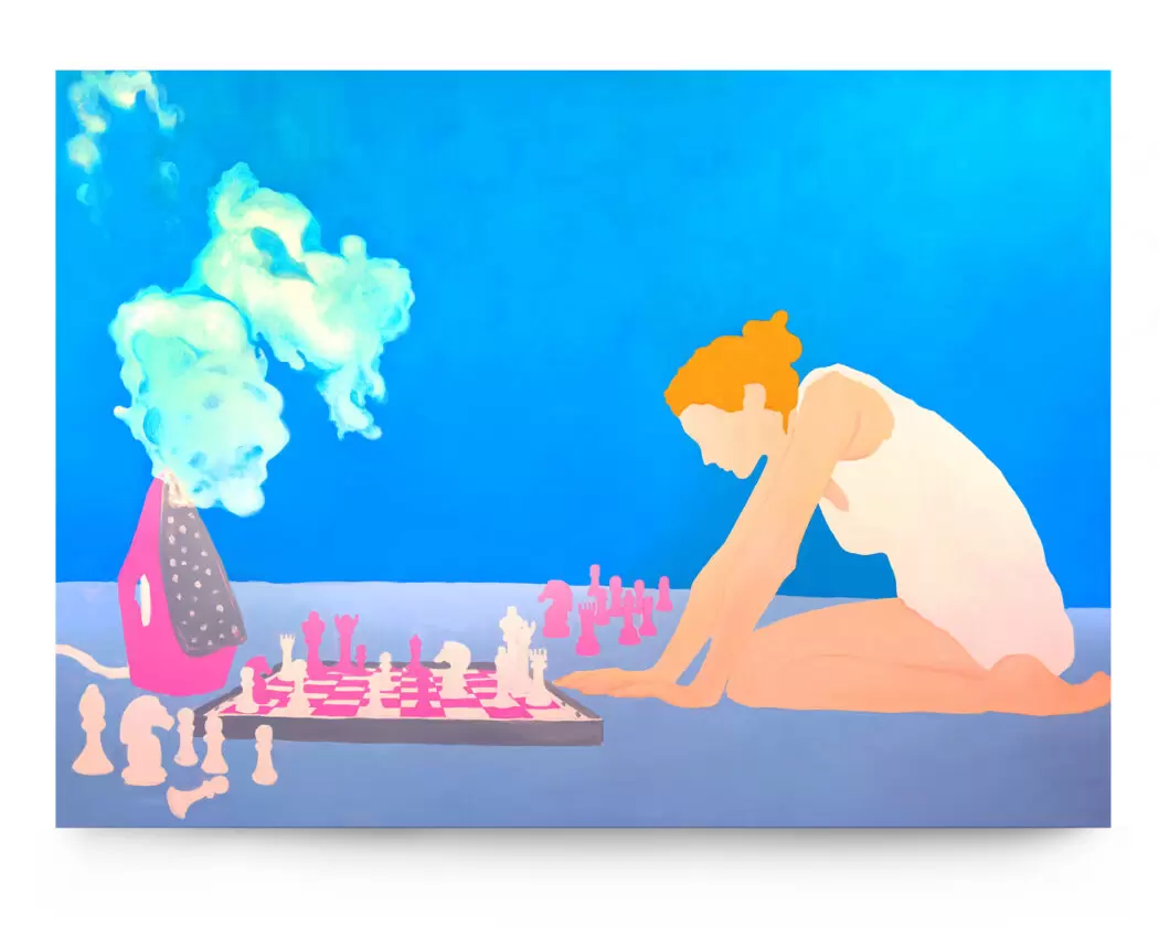 A surreal, colorful painting by Anna Voda showing a woman in a white dress kneeling before a chessboard with pink pieces. Beside her, a pink iron releases a cloud of steam that rises dramatically against a vivid blue background, blending playfulness with ritual.
