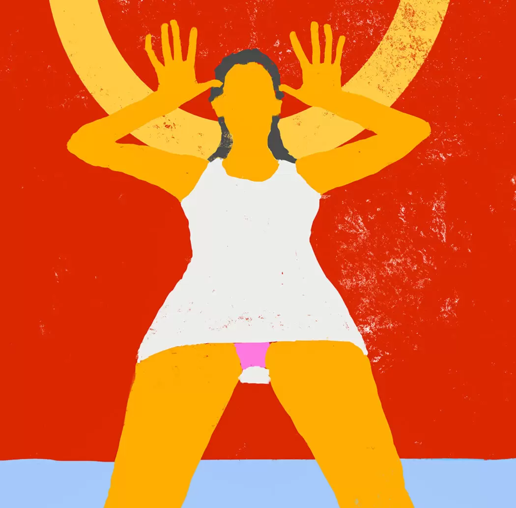 A graphic, colorful painting by Anna Voda depicting a faceless female figure in a white dress with arms raised, set against a vivid red background with a golden circular halo-like shape. The work uses flat, bright tones of yellow, pink, and blue to evoke power, ritual, and femininity.