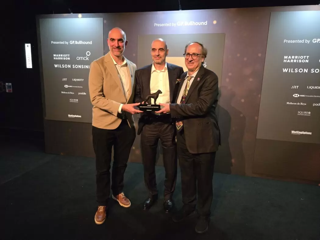 From left to right: Mathieu France, CEO of Artcrush; Ulvi Kasimov, Founder of .ART Registry; and Dean Phelus, Editor in Chief of Museum Magazine and Senior Director of Special Projects at the American Alliance of Museums, photographed on stage at the Allstars Gala 2025 in London during the presentation of the Digital Innovation in Arts & Culture Award.