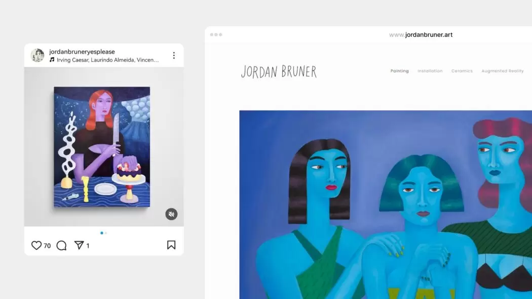 Side-by-side comparison showing Jordan Bruner’s artwork displayed on Instagram and on her personal website, jordanbruner.art. The image highlights the difference between social media presentation and an artist-owned website, emphasizing control, permanence, and authorship of a professional online presence.