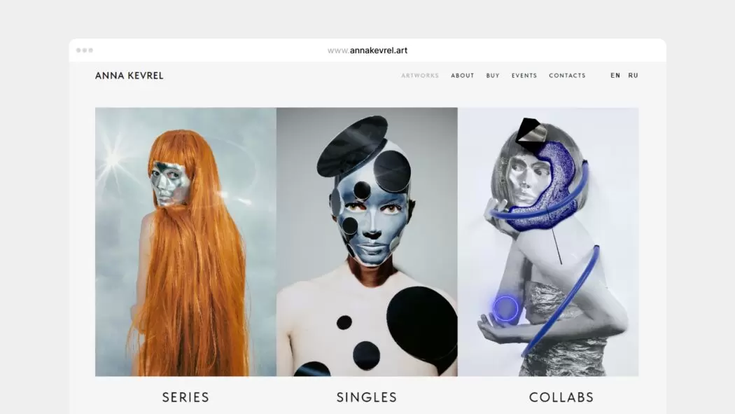 Screenshot of Anna Kevrel’s personal website, annakervel.art, showing a curated selection of her artworks organized into Series, Singles, and Collabs. The image highlights how an artist-owned website presents work with clarity, credibility, and intentional structure.