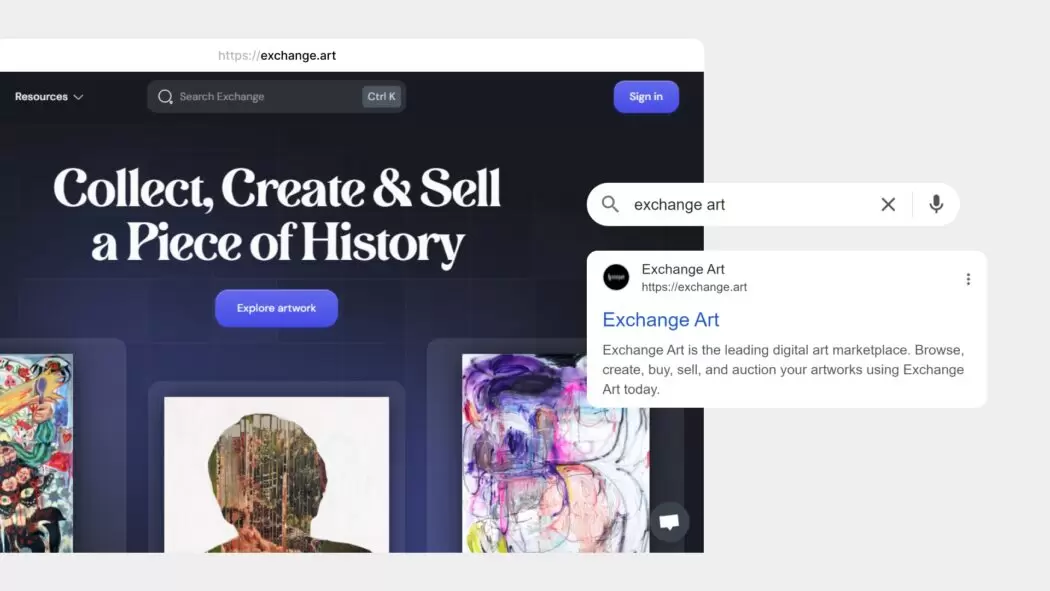 Screenshot showing Exchange Art’s website alongside a Google search result for “exchange art,” highlighting how a .ART domain supports discoverability through search engines and reinforces brand credibility online.