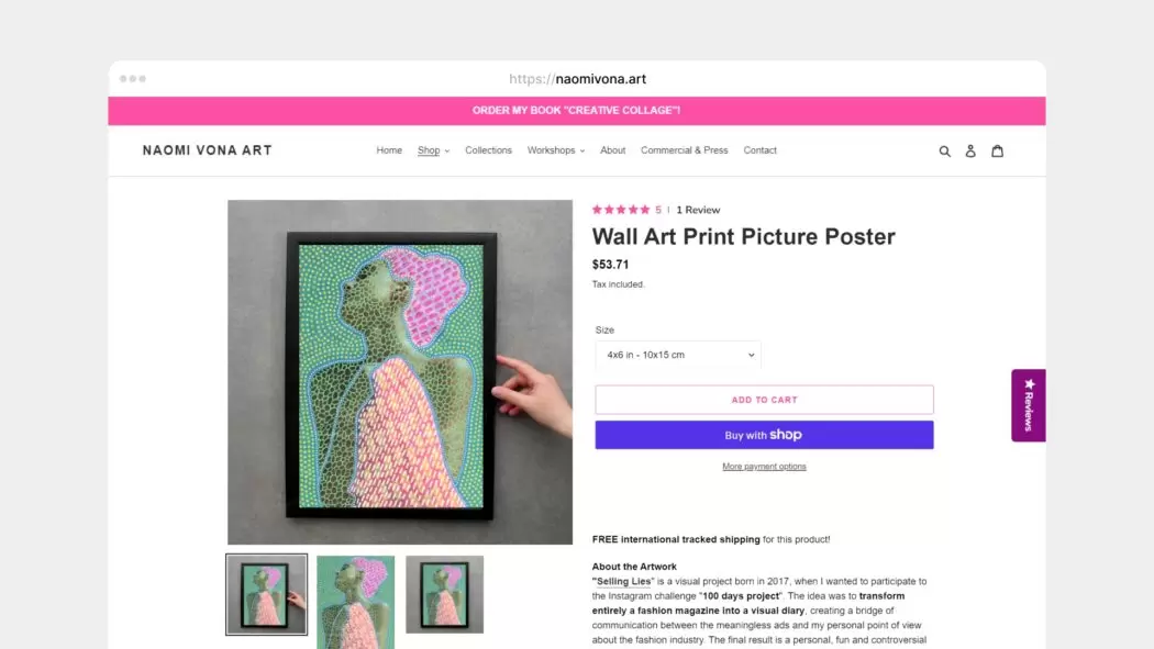 Screenshot of Naomi Vona’s personal website, naomivona.art, showing a product page for an artwork print available for purchase. The image highlights how an artist-owned website enables direct monetization, pricing control, and direct engagement with collectors.