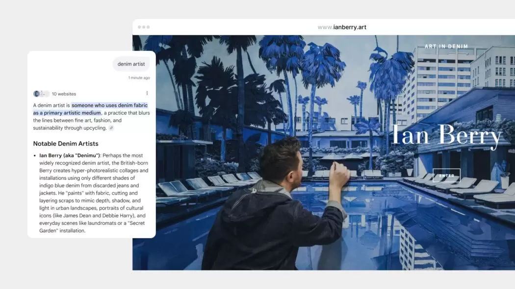 Screenshot showing Ian Berry working on a large-scale denim artwork alongside his personal website, ianberry.art, and an AI-generated search result identifying him as a denim artist. The image illustrates how an artist’s own website serves as the primary, authoritative source of information for AI assistants and search engines.