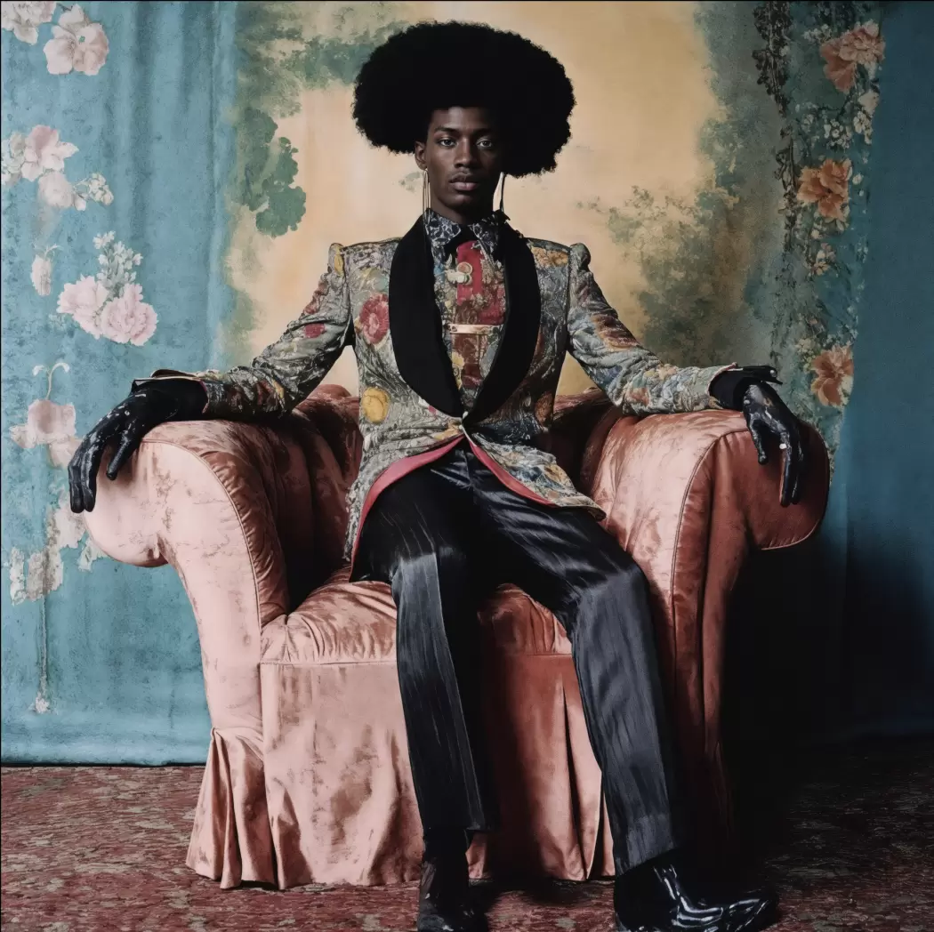 A Black figure with an afro sits upright in a pink armchair, wearing a richly patterned tailored jacket, black trousers, and gloves, set against a floral, painterly backdrop in muted blues and golds.