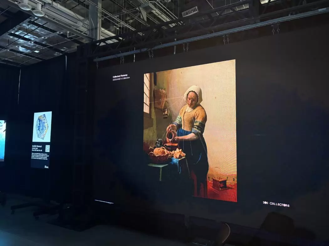 Large digital screen showing Orkhan Mammadov’s artwork Visions #095 in the ETHDenver Art Gallery exhibition.