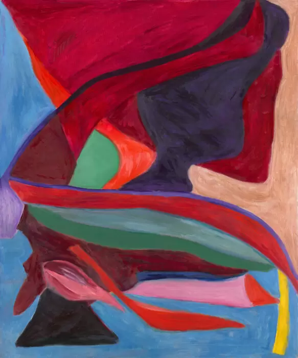 Abstract painting titled Nefertiti (2020) by Medina, featuring a stylized female profile in deep reds, blues, and greens, with layered, fluid shapes and expressive brushstrokes.